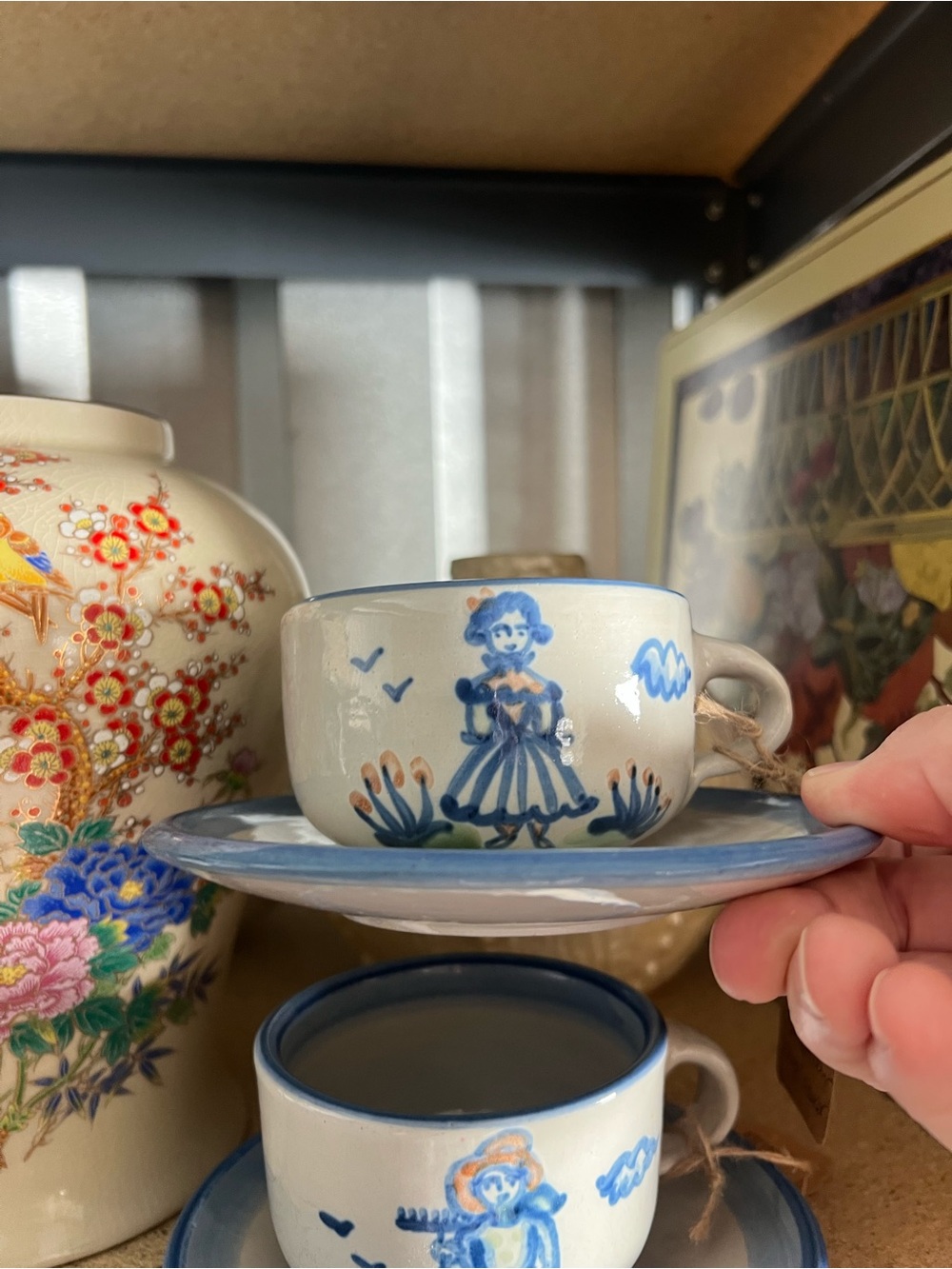 MA Hadley Blue and White Hand-Painted Ceramic cup and Saucer - Home Art